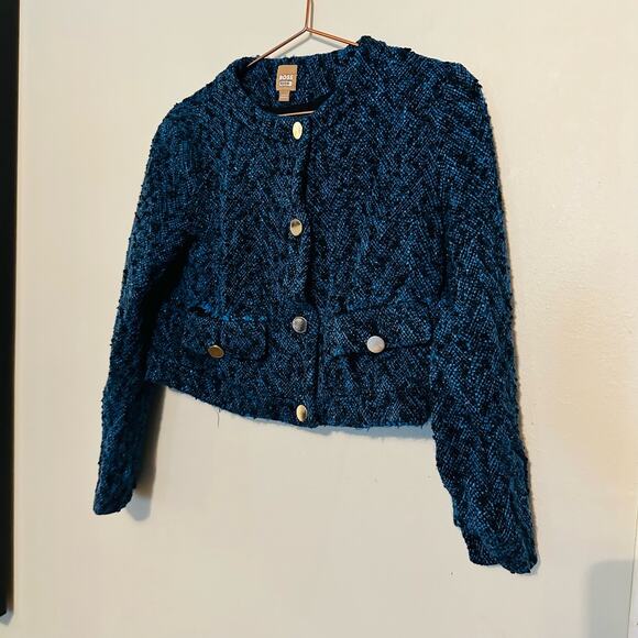 BOSS Royal Blue Tweed Blazer Gold Button Distressed Janoa Jacket Size US 2 - Picture 5 of 14